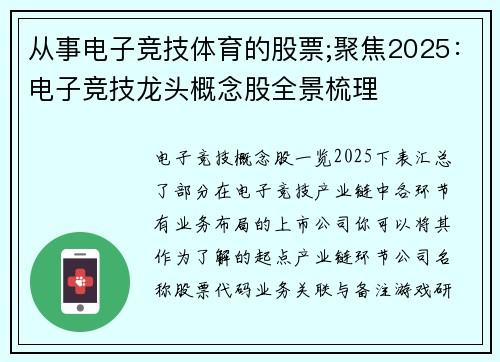 从事电子竞技体育的股票;聚焦2025：电子竞技龙头概念股全景梳理